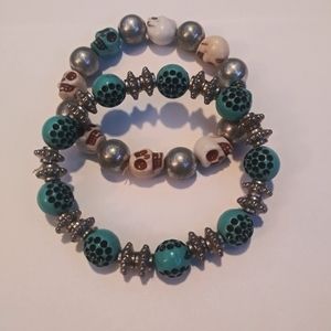 Blue Boho Skull Bracelet Set/Pair - Blue, Silver, White - NWOT